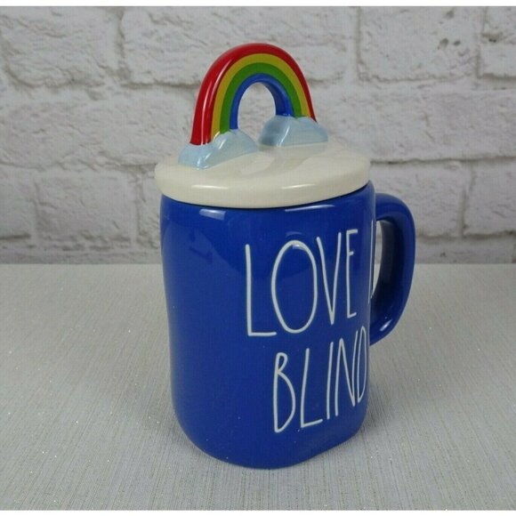 RAE DUNN Rainbow 🌈 Figural Mug Love Is Blind Blue With Lid Pride Decor New - Picture 2 of 12